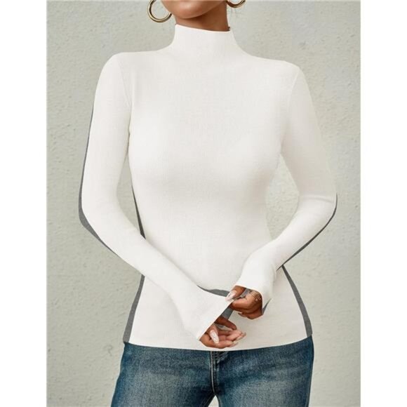 Women's Fall Mock Neck Sweaters - Long Sleeve Color Block Ribbed Knit Pullover - Picture 3 of 7